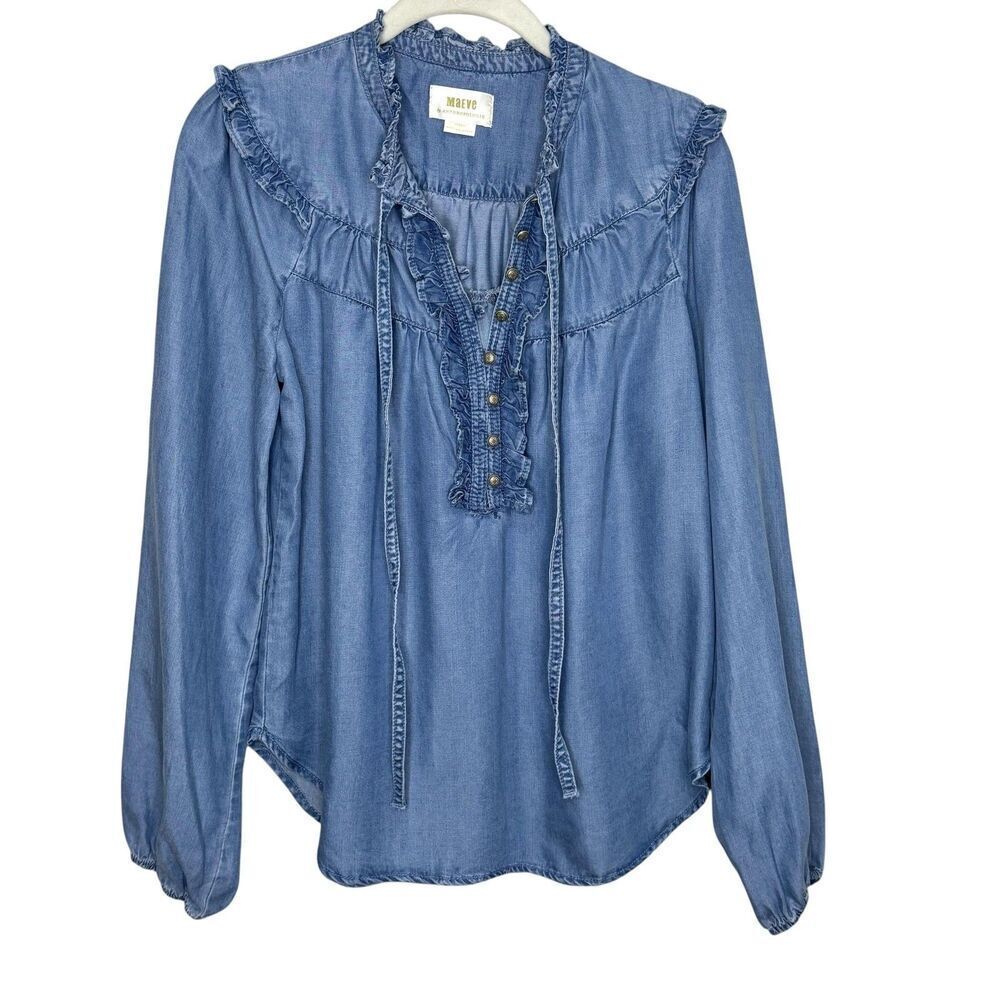 Maeve Anthropologie Shirt Womens XS Blue Ruffle Henley Peasant Tencel Boho Top - Picture 2 of 7